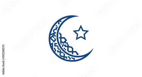An illustrative depiction showcases a dark blue crescent moon accompanied by a five pointed star on a white background