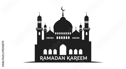 A striking silhouette of a mosque adorned with a crescent moon accompanied by the text ramadan kareem