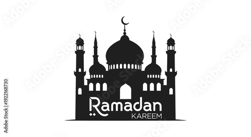 An illustration depicts a black silhouette of a mosque with a crescent moon and the text ramadan kareem