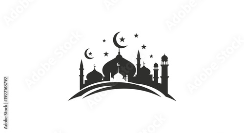 A stylized black silhouette depicts a mosque with crescent moons and stars against a white background high quality