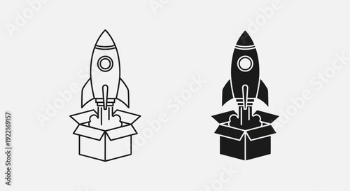 Rocket Launch from Box Icons – Startup Launch and Innovation Concept Outline and Solid