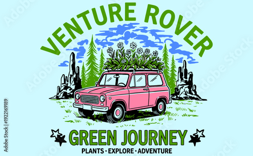 Adventure car artwork in forest for t-shirt. Green journey, explore nature, mountain forest club design. Go outside.