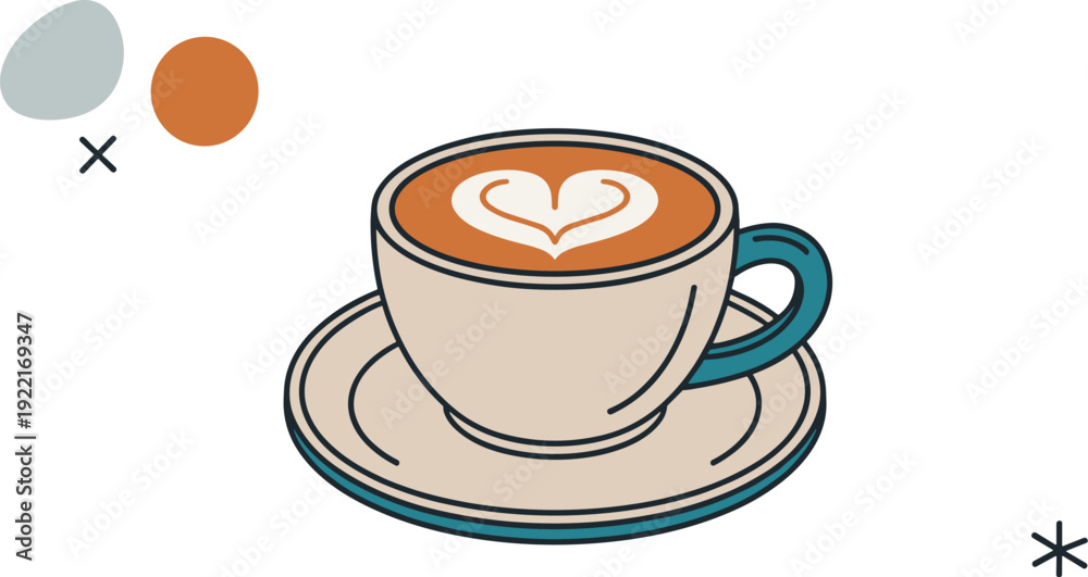 Obraz premium Coffee Cup with Heart Latte Art on a Saucer with Teal Accents, Concept of Professional Barista Craft, Specialty Café Culture, Morning Rituals, and Warm Hospitality Vector Illustration
