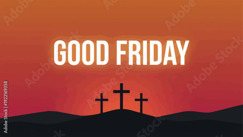 Silhouettes of three crosses against a sunset sky, symbolizing good friday's solemn remembrance. Vector