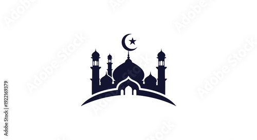 A dark blue silhouette depicts a traditional islamic mosque with minarets and a crescent moon high quality professional