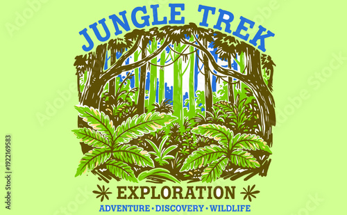 Jungle trek artwork. Summer adventure graphic artwork for t shirt. Forest explore design. Jungle with tree vintage print design. Jungle forest club. G