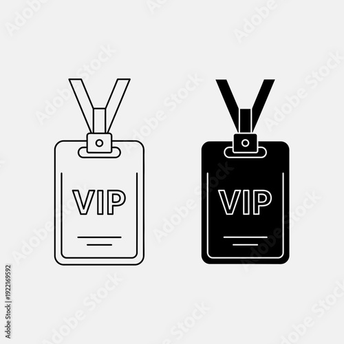 VIP Badge ID Card Icon Set Vector – Lanyard Pass Line and Solid Style Illustration