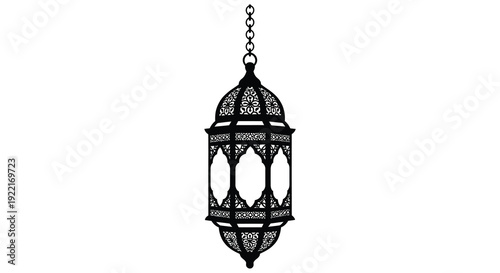 A detailed silhouette of an ornate hanging metal lantern with intricate geometric cutouts and a chain high quality