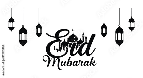 A decorative image features the text Eid Mubarak with hanging lantern illustrations above it high quality professional detailed