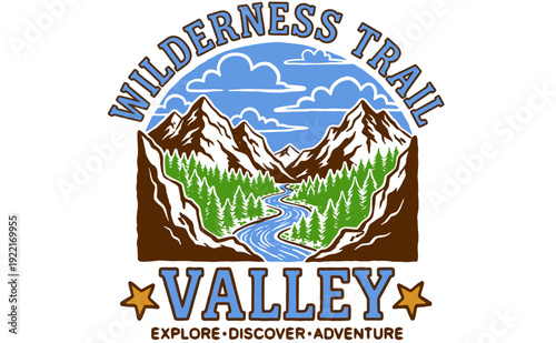 Say yes to adventure. Mountain adventure vintage print design for t shirt. Wild lake vector artwork. Explore more. Hill trekking.