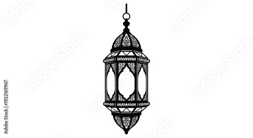 An ornate black and white illustration depicts a hanging lantern with intricate geometric patterns and a decorative top high quality