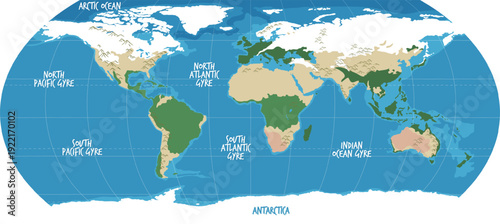 Colorful World Map with Major Ocean Gyres and Continents – Educational Geography Illustration