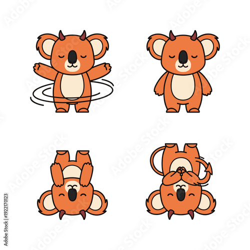 Cute cartoon koala set jumping rope and playing isolated on white background