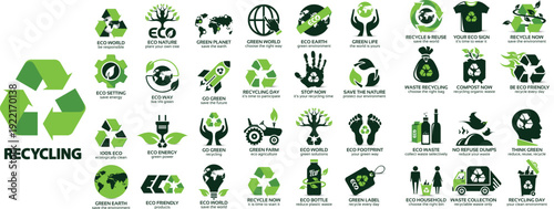 Sustainability and Recycling Eco Icon Set – Green Environmental Vector Collection