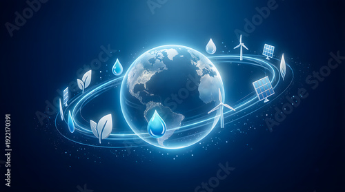 Glowing Earth globe surrounded by floating eco-friendly icons and renewable energy symbols.