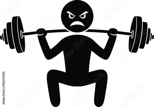 Stick figure squat with heavy barbell, strength training, fitness workout, gym exercise illustration, determination, discipline, bodybuilding concept, flavector