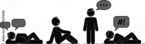 Stylized figures with speech bubbles, communication postures, silence, frustration, dialogue illustration, emotional expression, psychology concept, social interaction vector, flavector