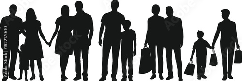 Family shopping silhouettes parents and children holding bags together, retail lifestyle concept, black shadow people flat vector illustration set