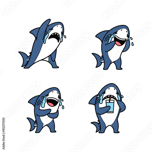 Crying cartoon sharks with different emotions on white background