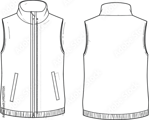 Men Women Technical Fashion Flat Sketch Sleeveless Puffer Vest Gilet Jacket Vector Template With Front and Back View For Mockup Design