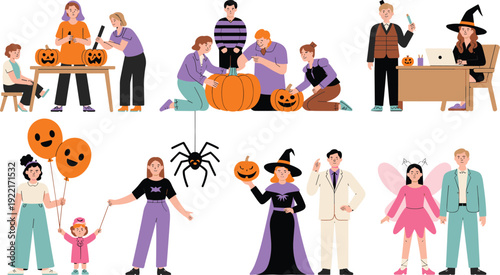Collection of People Celebrating Halloween, Carving Costumes on a White Background, Concept of Family Holiday Traditions, Seasonal Autumn Festivities, and Community Celebration Vector Illustration Set