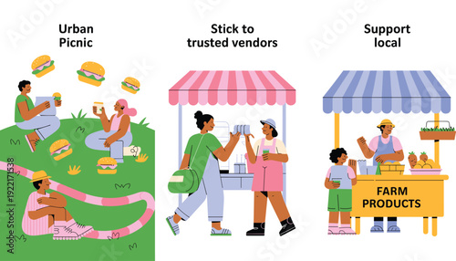 Collection of People Enjoying Urban Picnics and Shopping at Local Farm , Concept of Sustainable Living, Community Commerce, City Lifestyles, and Supporting Local Vendors Vector Illustration Set