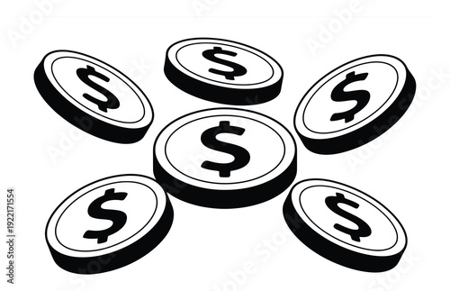 A cluster of black and white coins with dollar signs, symbolizing wealth and finance