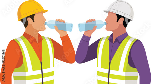 Schilderij op canvas Construction Workers Drinking Water to Stay Hydrated, Concept of Occupational He