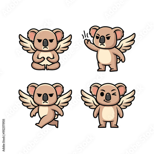 Photography Cartoon koalas with angel wings in various poses on white background