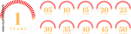 1年から50年までの周年記念を表現したゴールド数字アーチ装飾セット｜企業アニバーサリーや創立記念イベントに使える高級感デザインのベクター素材集