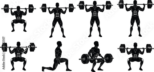 Strong bodybuilder silhouette vector set featuring male athlete performing barbell squats lunges deadlifts and weightlifting exercises for fitness gym workout designs.