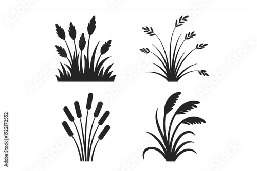 Black Silhouette Illustrations of Various Grasses and Reeds