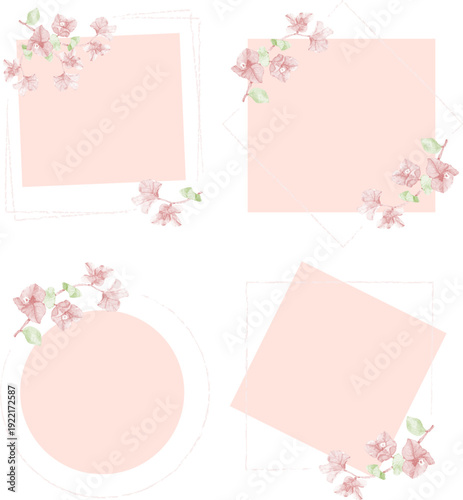 水彩タッチの小花をあしらった淡色ピンクのフレーム背景セット　春のグリーティングやウェディングカードに使えるやさしい花飾りデザイン素材