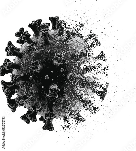 Detailed virus particle dissolving and disintegrating into dust vector