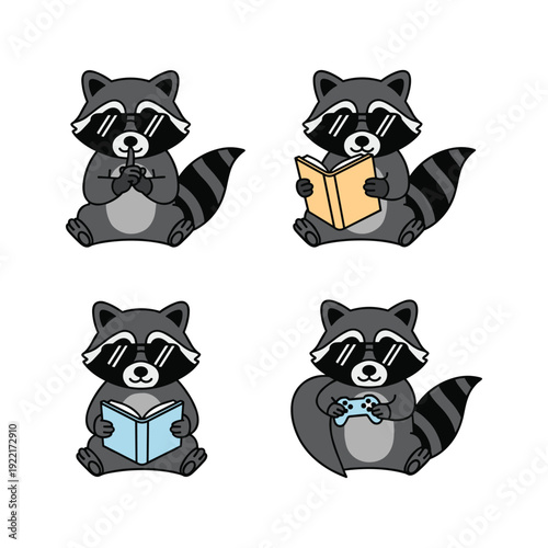 Cute cartoon raccoons reading and holding books in various poses with copy space