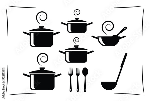 Collection of Cooking Pots, Utensils, and Steam