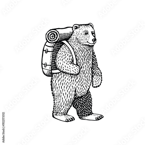 Black and white vintage illustration of a bear standing wearing a hiking backpack hand drawn style vector art