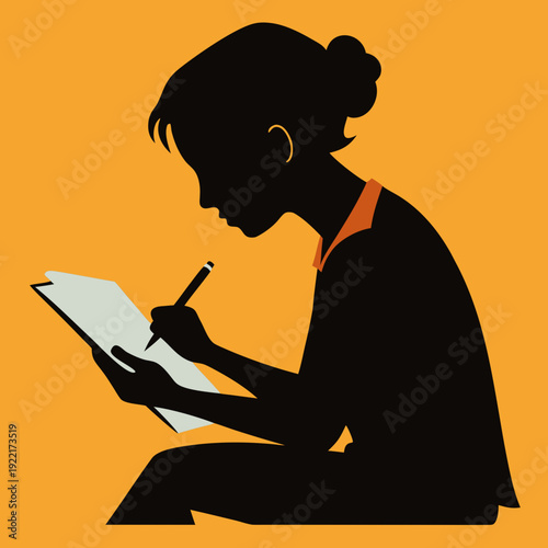 Student Studying and Writing Notes Silhouette Flat Vector Illustration