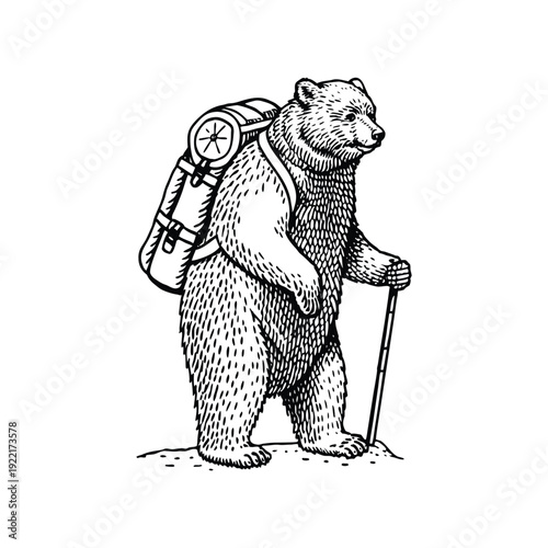 Black and white vintage illustration of a bear standing wearing a hiking backpack hand drawn style vector art
