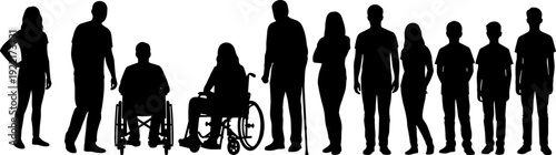 Diverse people silhouettes set, inclusive community collection, disabled wheelchair users and standing persons isolated vector illustration for accessibility diversity design