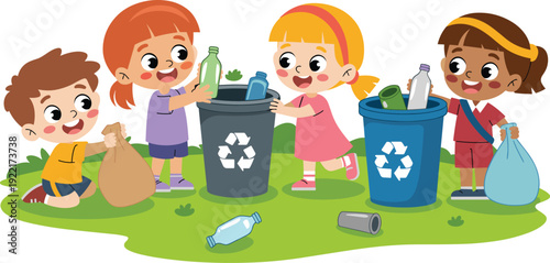 Diverse Children Sorting Recyclables into Bins in a Park, Concept of Environmental, Youth Recycling Education, Collaborative Conservation, and Sustainable Community Action Vector Illustration
