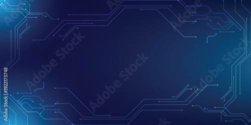 Blue PCB circuit frame on dark gradient technology background