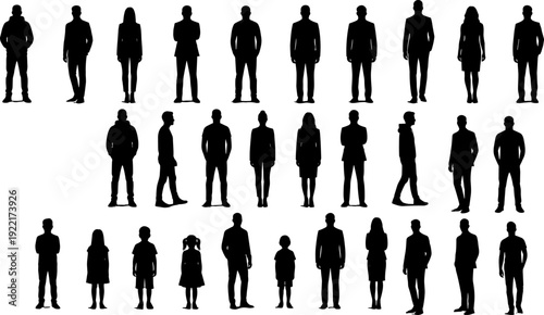 Collection of diverse people silhouettes set, men women children standing walking business casual isolated on white background vector illustration realistic human figures bundle pack
