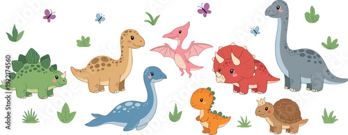 Cute dinosaur cartoon vector set, kawaii dino characters, prehistoric animals, colorful illustration, kids, collection, design, isolated
