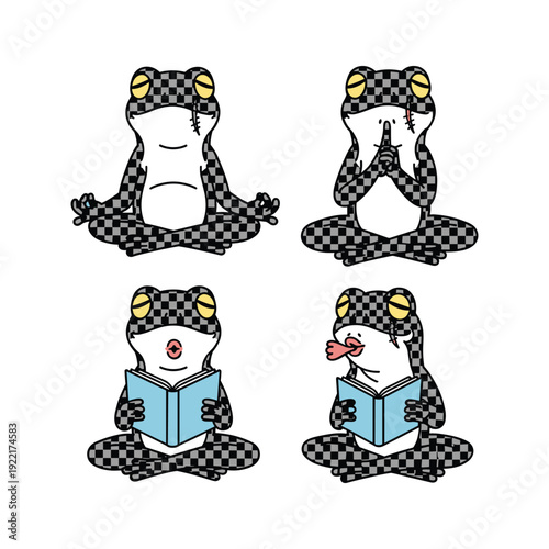 Cartoon frogs meditating and reading in various poses with checkered cushions