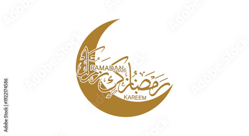 A golden crescent moon adorns a minimalist design with elegant arabic calligraphy for ramadan kareem high quality professional