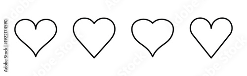 Four elegant heart outline icons, vector line art, love symbols