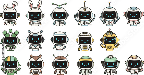 Cute robot character vector set, cartoon android collection, kawaii AI mascots, futuristic illustration, isolated, design, clipart