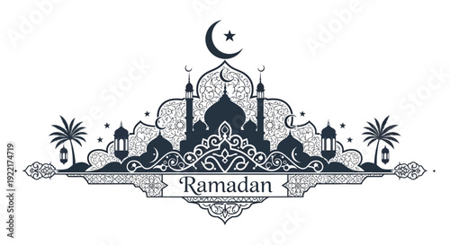 An elegant monochromatic illustration depicts a mosque crescent moon and palm trees with Ramadan text high quality professional
