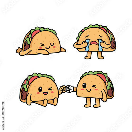 Cartoon tacos showing emotions and friendship in a simple design style